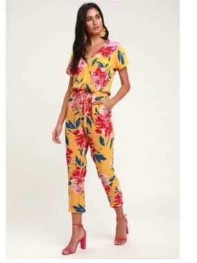 NWT Lulu's Yellow Floral Short-Sleeve Jumpsuit with Pink & Green Accents